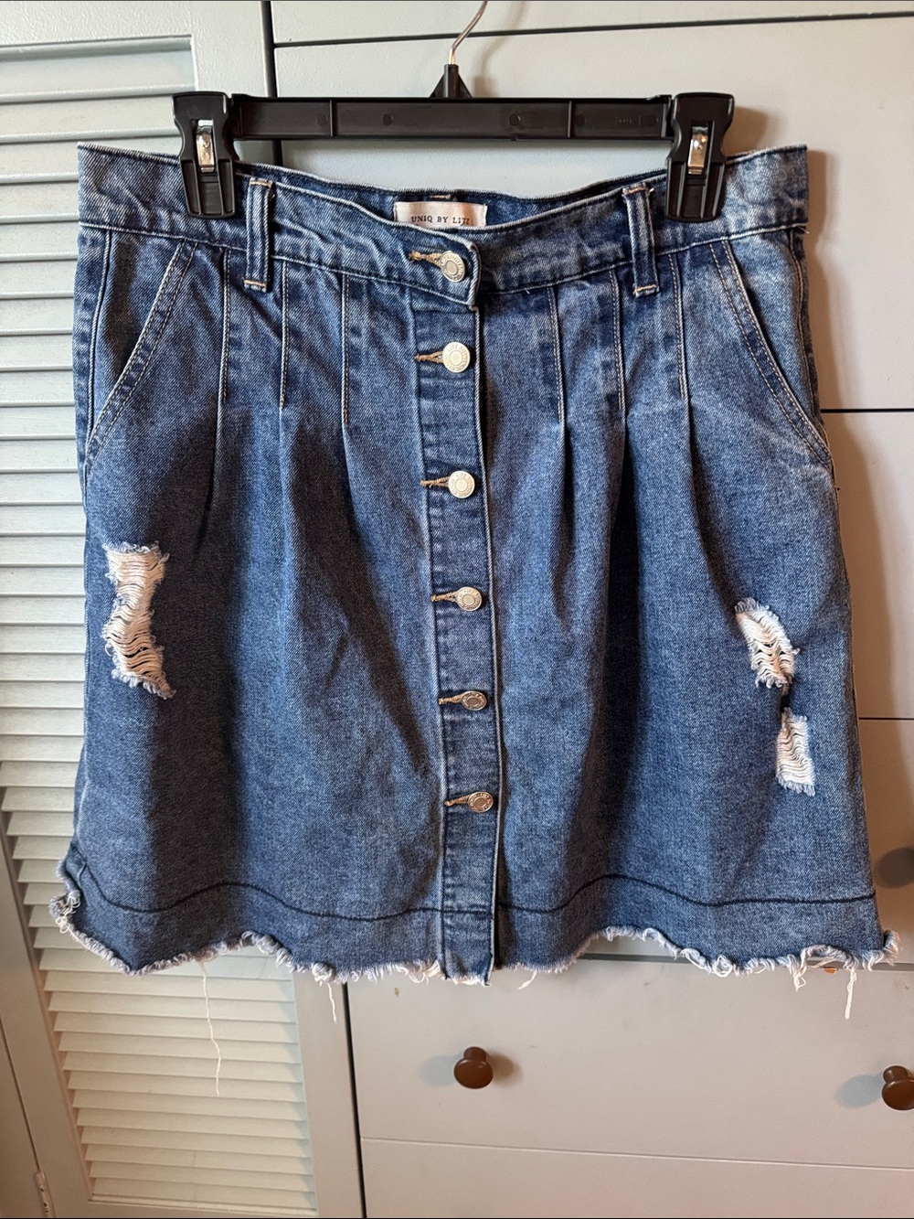 Distressed Blue Denim Skirt with Button Front